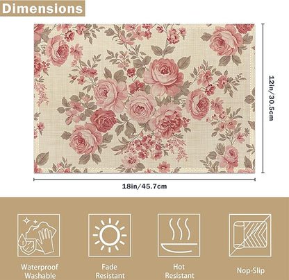 Colorful Floral Spring Plastic 12x18 Inch Placemats Set of 6 - Waterproof, Non-Slip & Washable Watercolor Flowers Table Mats for Kitchen & Dining Table Placemats
