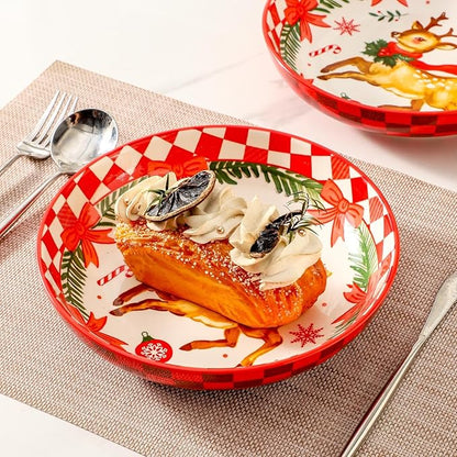 Pasta Bowls 42 Oz, Serving Bowls Set of 4, Ceramic Plate for Kitchen,Salad, Dinner, Microwave Oven and Dishwasher Safe, Versatile Christmas Dishes for Holiday Entertaining, Red