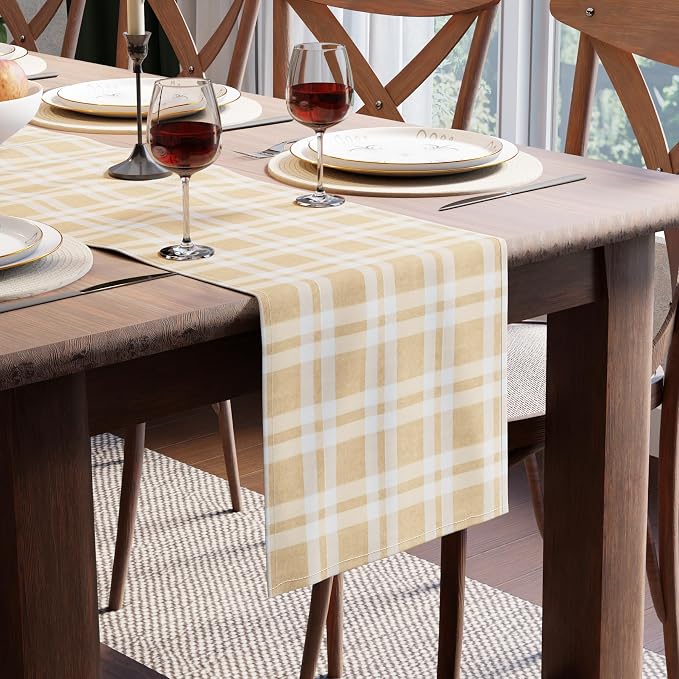 Encasa XO Table Runner, Woven Cotton Dining Runner 13"x59" Franca Beige Checks by EncasaXO