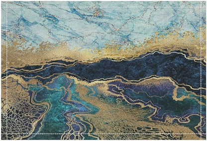 Marble Linen Placemats Set of 2, Modern Luxury Foil Cracked Texture Blue Gold Marble 12x17 Inch Washable Table Mats Non Slip Placemats for Wedding Party Kitchen Banquets Dining Decoration