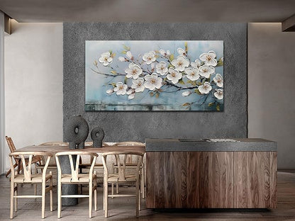 Anolyfi White Textured Flowers Wall Art for Living Room Canvas Wall Decor, Modern Elegant Landscape Wall Art for Dining Room Hallway Office Home 48"x24"