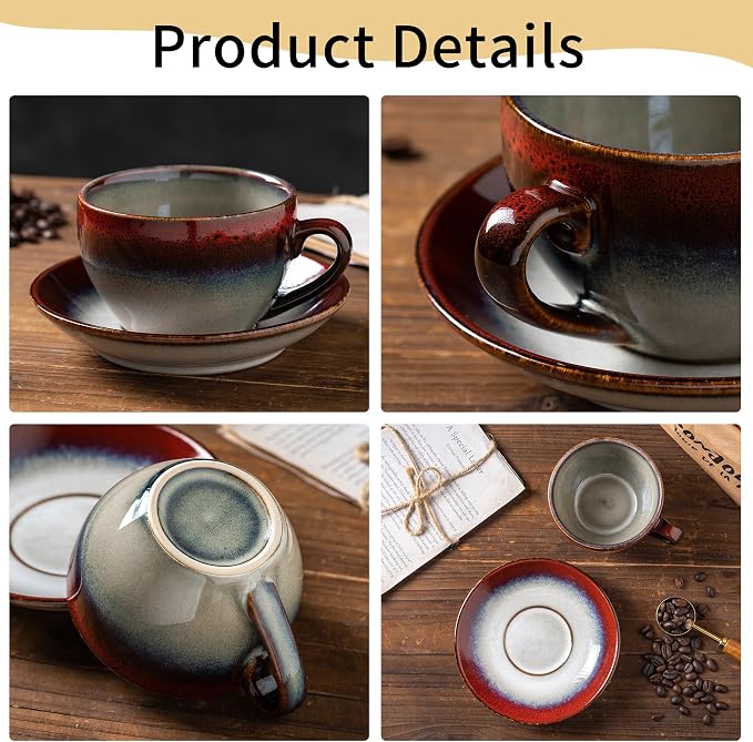 Porcelain Coffee Cup with Saucer Spoon Set, Vintage Design Ceramic Latte Art - Image 3