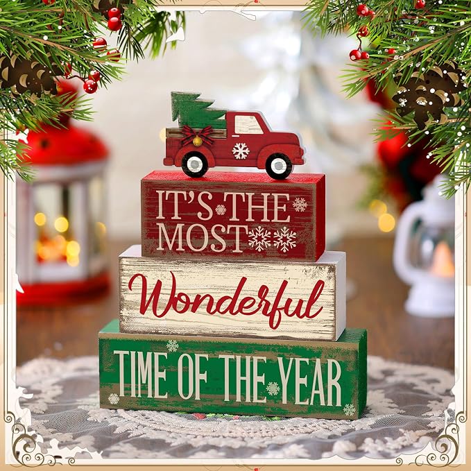 Moucuny 4 Pcs Christmas Decor Wooden Red Truck Winter Tiered Tray Decor Rustic - Image 2