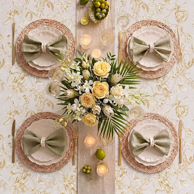 jinchan Yellow Floral Linen Square Table Cloth 50 x 50 Inch | Warm floral tones - Image 7