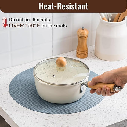 Jovono 15" Faux Leather Big Round Placemats Set of 6 - Washable Heat Resistant Non-Slip Dining Table Mats with Fabric Texture for Kitchen Home Party Decor, Light Blue