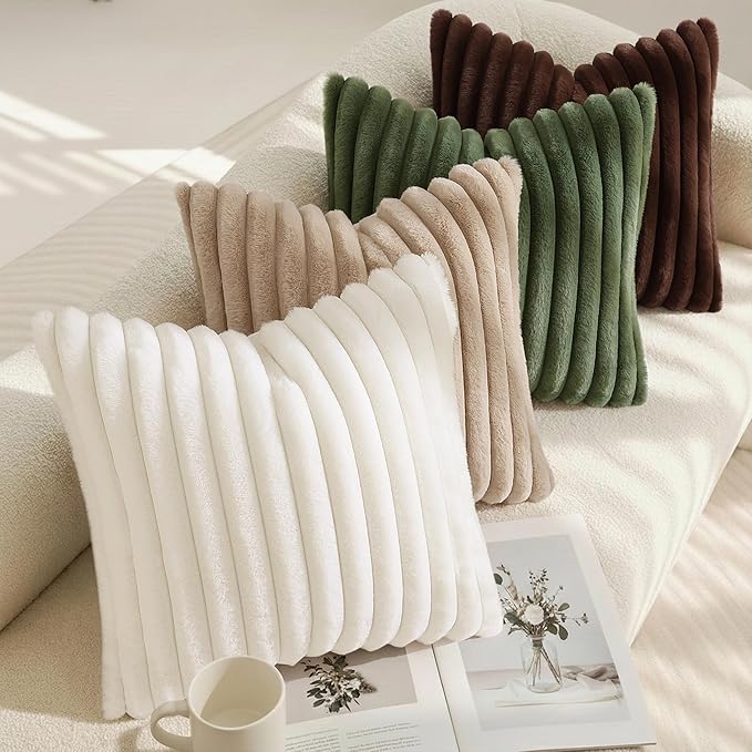 decorUhome Cozy Faux Fur Throw Pillow Covers 12x20 Set of 2 Decorative Soft Plush Striped Lumbar Modern Farmhouse Boho Couch Pillow Cases with Velvet Back for Sofa Bed Living Room, Dark Brown