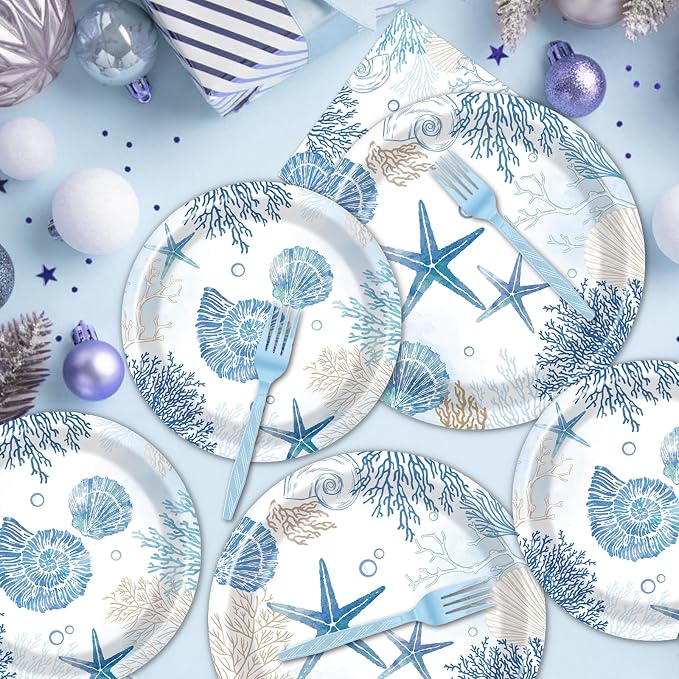 Rakuto Ocean Themed Party Decorations 96PCS Plates Napkins Forks Set | Beach - Image 6