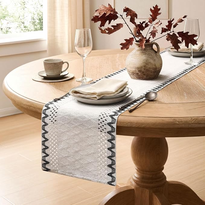 Macrame Side Trim Boho Woven Table Runner, Handmade Feel Ivory Cotton Base - Image 5