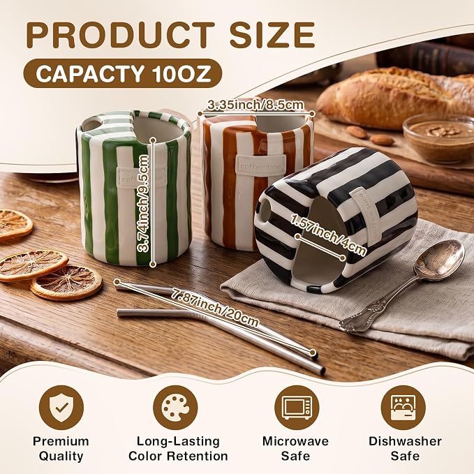 10oz Ceramic Coffee Mug Set of 3 Retro Striped Coffee Cups - Image 2