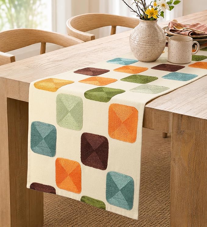 Embroidered Canvas 13"x 72" Narrow Table Runner, Mosaic | Exquisite Embroidery by MuseHaus