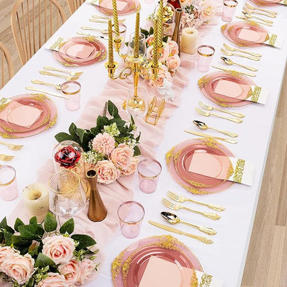 Hioasis 175pcs Burgundy and Gold Plates - Burgundy Party Plates for 25 Guest, Include 50 Heavy-duty Plates(20% Thicker Than Standard), 75 Cutlery Set, 25 Napkin, 25 Cups