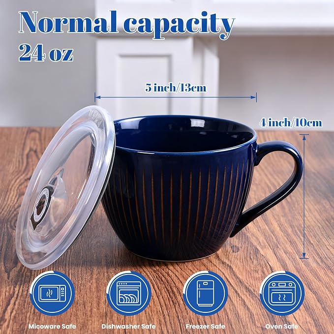 24oz Soup Mug with Handle & Lid, Microwave Soup Bowl/Cup, Vintage Blue | - Image 2