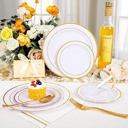 GATHER 176 Pieces Gold Dinnerware Disposable - White and Gold Plastic Plates Includes 50 Plates, 25 Plastic Silverware, 25 Napkins, 25 Cups and 1 Tablecloth for Wedding Party