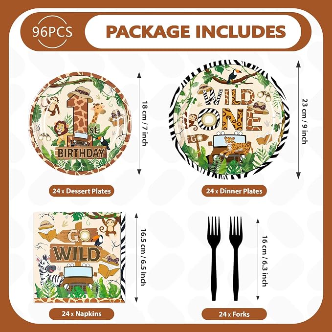 96 Pcs Wild One Birthday Animal Themed Party Supplies, Serves 24 | Jungle - Image 5