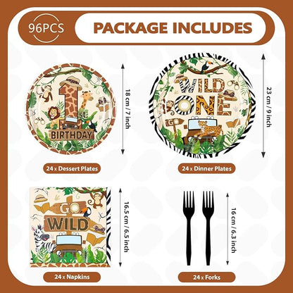 96 Pcs Wild One Birthday Animal Themed Party Supplies, Serves 24 | Jungle - Image 5