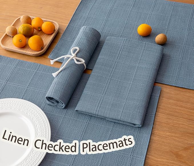 Linen Checked Placemats Set of 6, Machine Washable, Thick Textured Farmhouse - Image 4