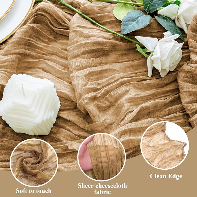 Cheesecloth Table Runner 10FT 3Pcs Khaki Boho Gauze Rustic Sheer Runners | - Image 3