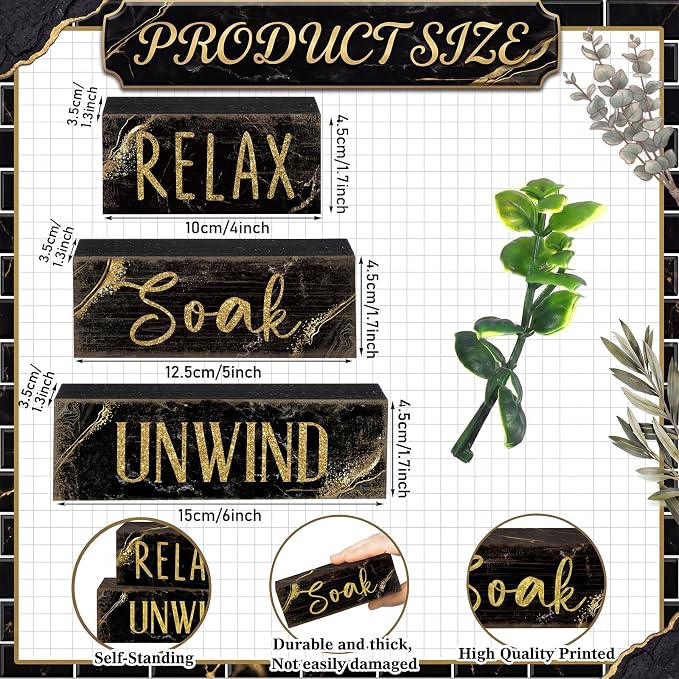 Moucuny 4 Pcs Black and Gold Bathroom Shelf Decor Sign Farmhouse Bathroom Decor - Image 2