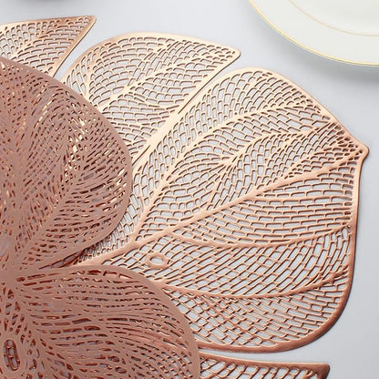 Evevda Rose Gold Leaf Shaped Vinyl Placemats for Dinner Table Set of 6 Metallic Plastic Place Mats Wipeable 6Pcs Table Mats for Wedding Annersary Dinner Table Decoration Mats(17.7x13.8inch/45x35cm)