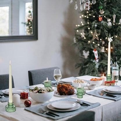 Taper Votive Candle Holder for Pillar Candles Tealight, Candlestick Holder for Wedding Christmas Tea Party, Boho Ribbed Vintage Crystal Glass Table Centerpiece Decor, Bulk Set of 6 (Green)