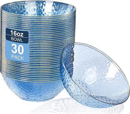 Rubtlamp 30 Pack Blue Disposable Bowls, Clear Plastic Bowls with Gold Rim, 12-16oz Premium Heavy Duty Plastic Dinner Bowls for Party, Wedding and Holiday