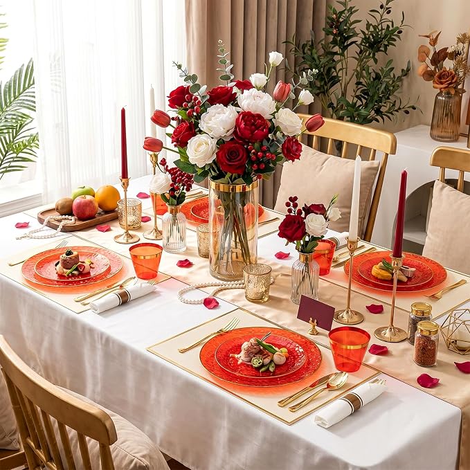 Rubtlamp 700Pcs Red Gold Plastic Dinnerware Set, Hammered Red Gold Plates - Image 7