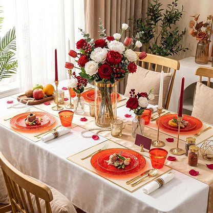 Rubtlamp 700Pcs Red Gold Plastic Dinnerware Set, Hammered Red Gold Plates - Image 7