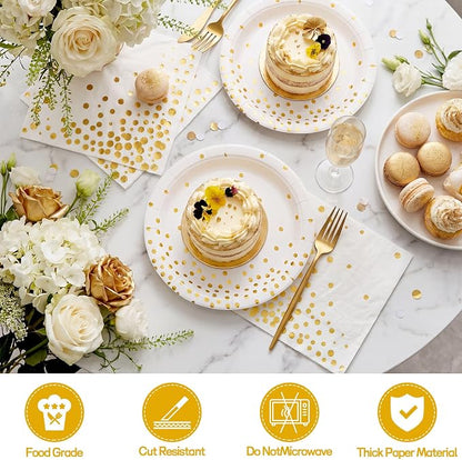 NatNarr 25 Set White Gold Plates and Napkins Set, 6.5" Napkins, Party Plates - Image 8