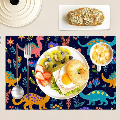 Dinosaurs Placemats Set of 6,12x18 Inch Table Mats for Colorful Dinosaurs Kitchen Table Washable Farmhouse Linen Table Mats Dining Decoration
