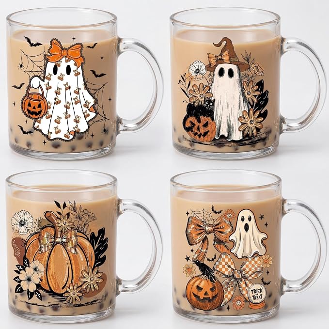 Tioncy 4 Pcs Halloween Ghost Coffee Mugs 12 oz Pumpkin Glass Cups by Tioncy