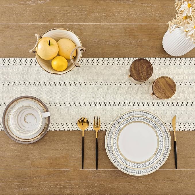 Macrame Style Boho Table Runner, 12x108 Inch Ivory | Woven Boho Table Runner - Image 4