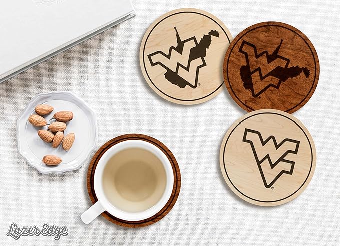 LazerEdge West Virginia Mountaineers Wooden Coaster Set - Cherry Wood - Officially Licensed Product - 4-Pack