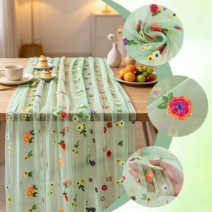BINBE 3pcs Daisy Spring Table Runner Embroidery Gauze 10FT Florals Seasonal - Image 3