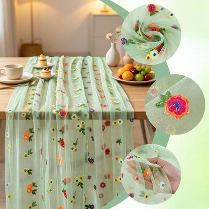 BINBE 3pcs Daisy Spring Table Runner Embroidery Gauze 10FT Florals Seasonal - Image 3