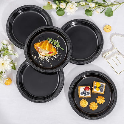 WELLIFE Black Plastic Plates 10 Inch -150 Count for Party, Plastic Disposable Dinner Plates for Easter Picnic BBQ