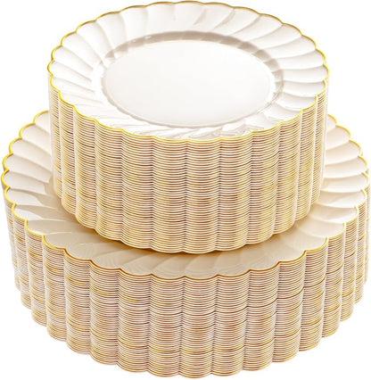 YOUBET 100PCS Ivory and Gold Scalloped Plastic Plates by YOUBET