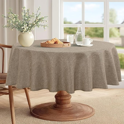JIUZHEN Round Table Cloth Faux Linen Farmhouse Tablecloth Wrinkle & Stain Resistant Table Cover for Kitchen Dining, Holiday Party Dinner, Khaki, 108 Inch Round