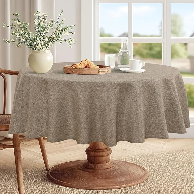 JIUZHEN Faux Linen Round Tablecloths 102 inch, Decorative Wrinkle Free Texture Rustic Circle Table Cloth Cover for Kitchen, Dining, Party, Wedding, Outdoor Use (102 Inch Round,Khaki)