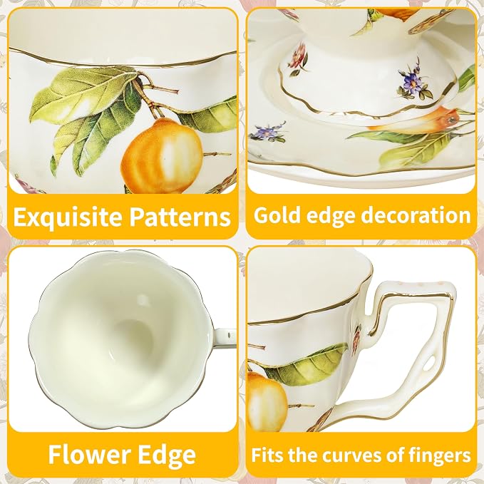 Tea Cups and Saucers Set, Porcelain Coffee Mugs, 8.4 OZ Vintage Coffee Cups - Image 3