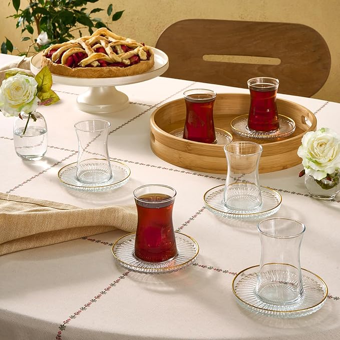 KARACA Nilufer 12-Piece Turkish Tea Glass & Saucer Set, 5.7 oz Gold Trim Clear by Karaca