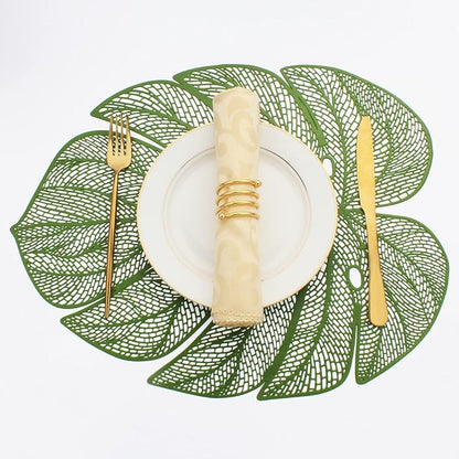 Evevda Green Leaf Shaped Vinyl Placemats for Dinner Table Set of 4 Plastic Green Place Mats Wipeable 6Pcs Table Mats for Wedding Annersary Dinner Table Decoration Mats