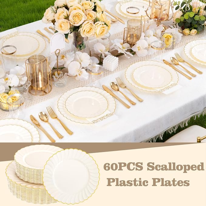 YOUBET 60PCS Ivory Scalloped Plastic Plates - Image 6