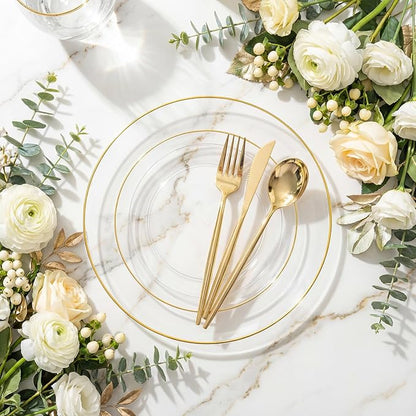 I00000 Clear Plastic Plates with Gold Rim,Fancy Clear Disposable Plates,Nice Disposable Plates Set include 30 Dinner Plate,30 Dessert Plate, 90 plastic Silverware Set for Valentine's Day