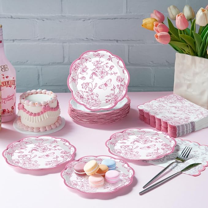 Willinglong 120 Pcs Floral Scalloped Paper Plates and Napkins Set, 2-ply Napkins - Image 5