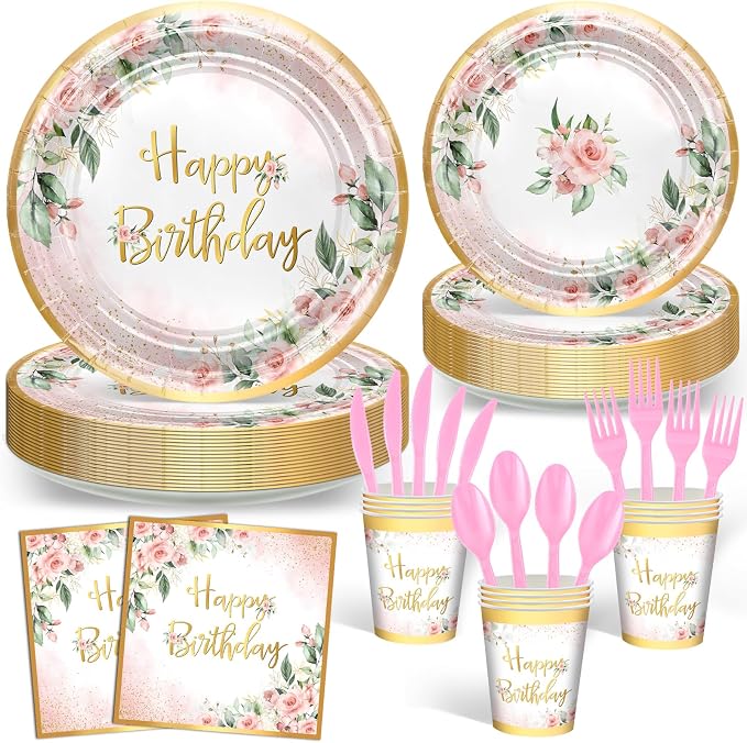 Rose Gold Party Decorations Pink Floral Birthday Plates and Napkins | 168 Pcs by AVEZANO