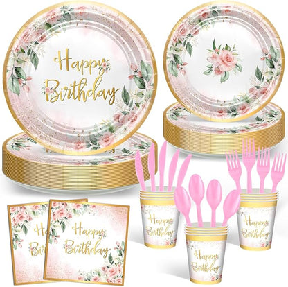 Rose Gold Party Decorations Pink Floral Birthday Plates and Napkins | 168 Pcs by AVEZANO