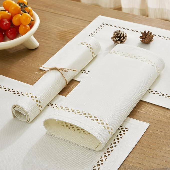 Farmhouse Burlap Hollow Placemats Set of 4, 12 x18 Inch Off White | Double Layer - Image 6