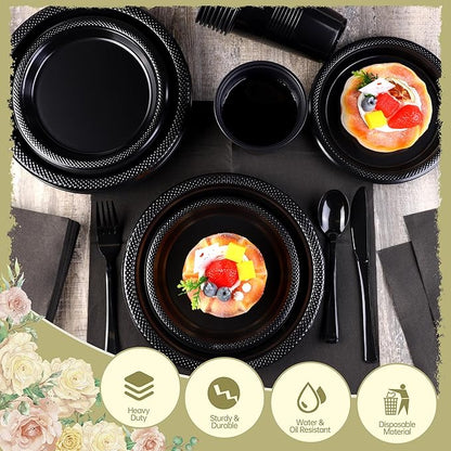 Kochorie 240 Pieces Black Plastic Dinnerware Set for 30 Guests Disposable Heavy Duty Plates Napkins Cups and Silverware Dessert Dinner Plates for Birthday Wedding Halloween Party Supplies
