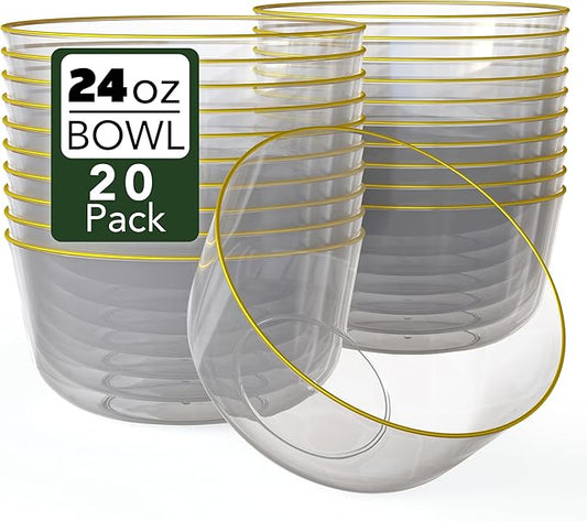 Trendables Plastic Bowls Disposable Bowls 24 Oz Bowl Set Of 20 Clear Gold Rimmed Fancy Plastic Serving Bowls Perfect Plastic Ice Cream Bowls Plastic Salad Bowls Plastic Candy Bowl