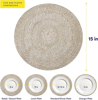 Round Placemats Set of 6-100% Cotton Two-Tone Placemat for Dining Table - Woven Braided Table Setting Place Mat - Washable Table Decor for Kitchen, Farmhouse, Rustic, Everyday Use, Eggshell